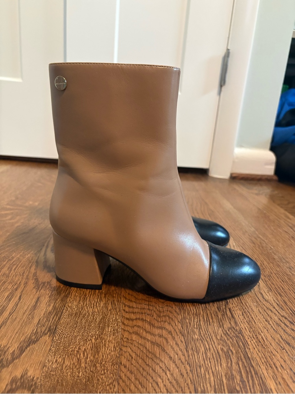 Taupe and Black Two-Tone Leather Ankle Boots